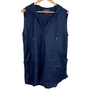 For Cynthia Beachwear 100% Linen Swim Coverup Sz L Navy Blue Hooded Knee Length
